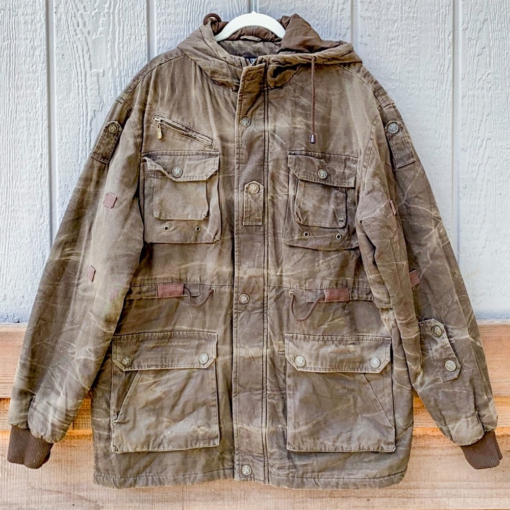 IVFZ heavy quilted distressed khaki canvas army utility jacket full zip coat